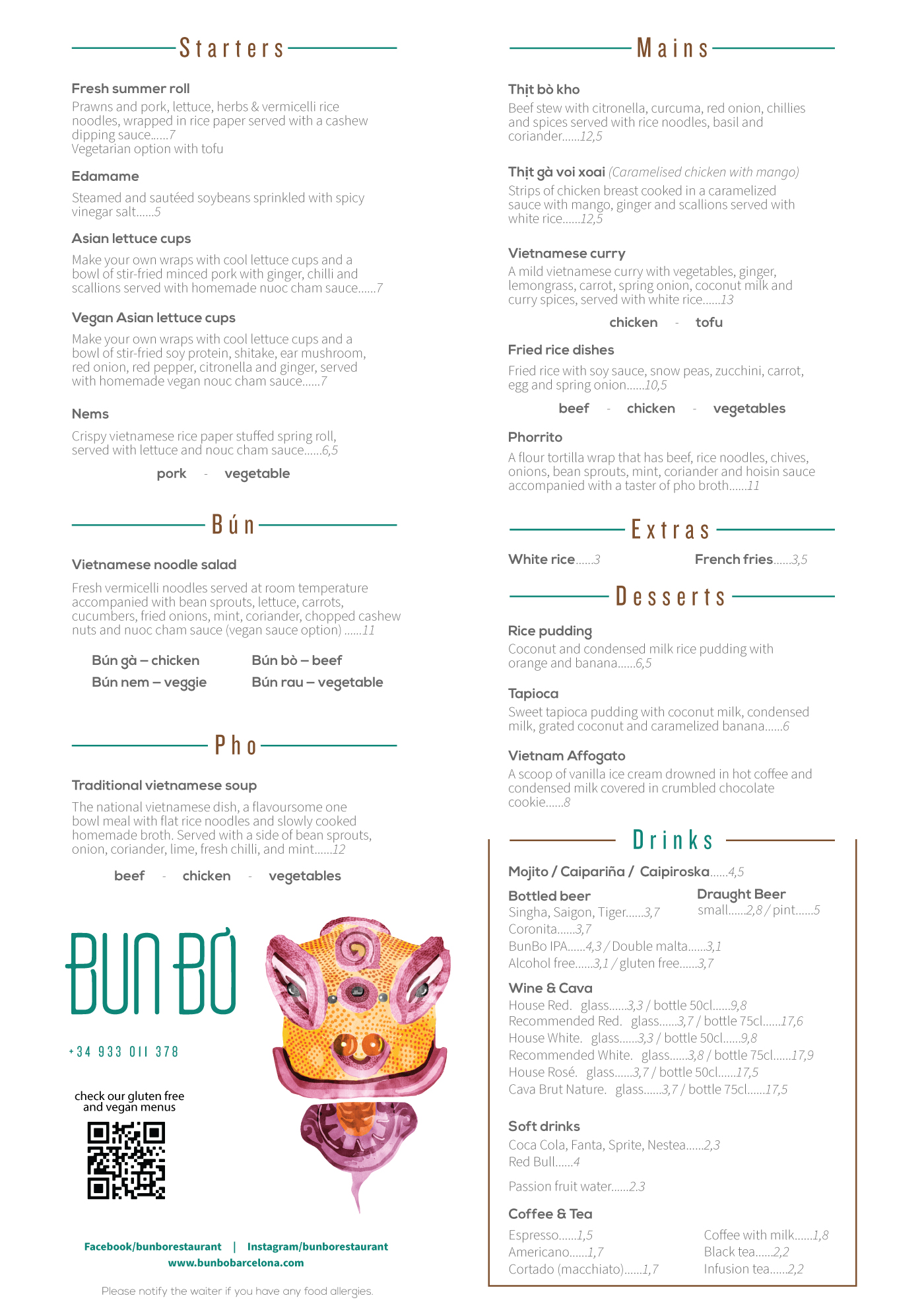 English menu at Bun Bo Barcelona